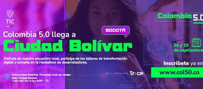 Afiche de Colombia 5.0 con una mujer, gráficos digitales y textos sobre evento en Ciudad Bolívar, Bogotá, el 24 y 25 de septiembre.