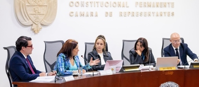 Cinco personas sentadas en una mesa durante una reunión de la Cámara de Representantes; una mujer habla y gesticula.