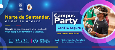 Afiche azul anuncia Campus Party en Cúcuta; a la derecha, una persona usa visor de realidad virtual y sostiene dos controles.