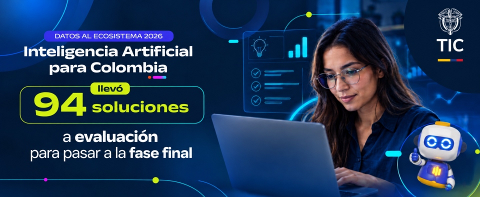 Mujer con gafas usa un portátil junto a un robot; fondo azul con gráficos y texto sobre 94 soluciones de inteligencia artificial.