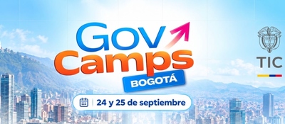 Logo de GovCamps Bogotá al centro, fecha 24 y 25 de septiembre y logo TIC sobre un paisaje urbano de Bogotá.