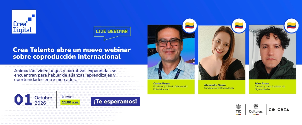 Pieza gráfica azul y blanca: tres retratos en la parte superior derecha, logos y texto de webinar sobre coproducción internacional.