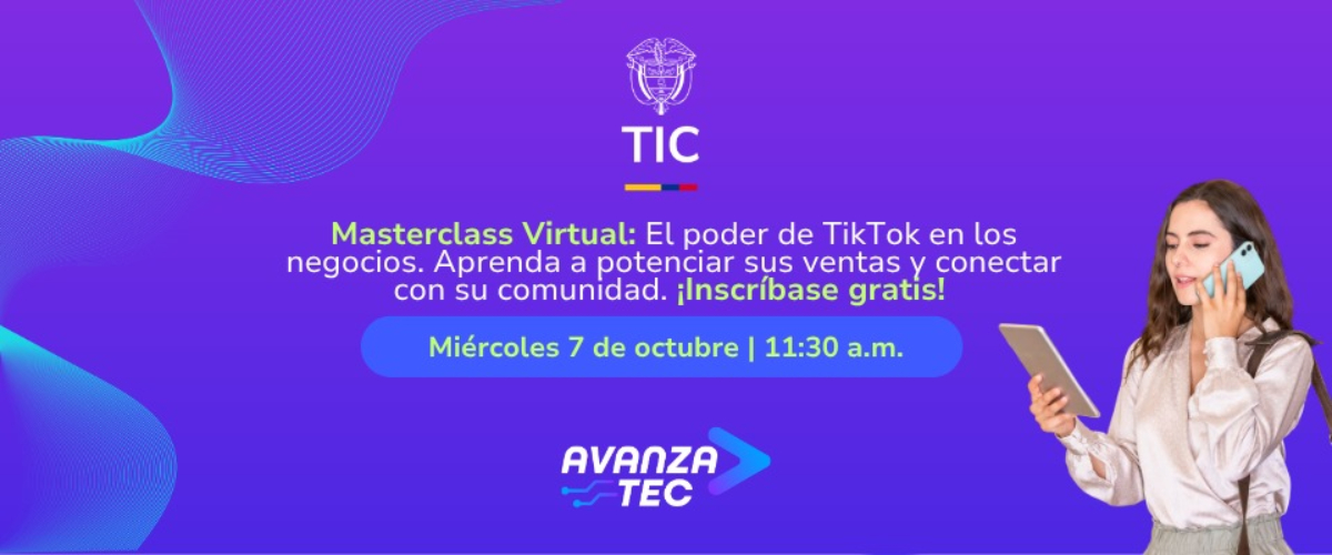 Banner morado con texto sobre una masterclass de TikTok; a la derecha, una mujer sostiene una tableta y un celular.