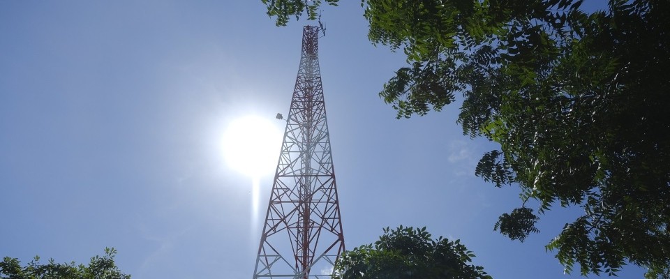 Torre metálica de telecomunicaciones se eleva hacia el cielo azul, con el sol detrás y ramas verdes alrededor.