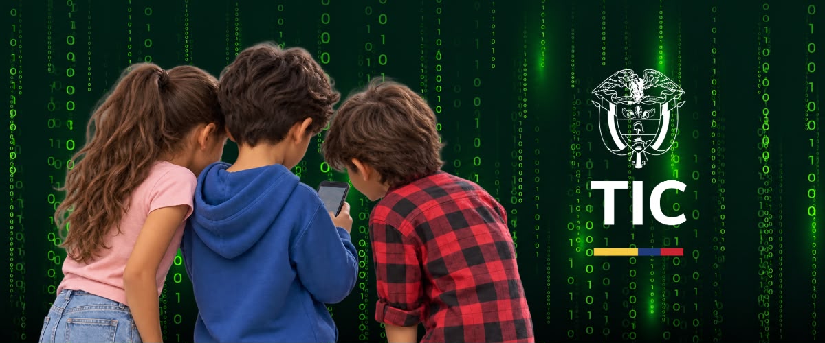 Tres niños observan un celular frente a un fondo verde con números binarios. A la derecha aparece el logo de MinTIC. Tres niños observan un celular frente a un fondo verde con números binarios. A la derecha aparece el logo de MinTIC.