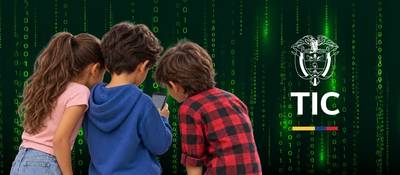 Tres niños observan un celular frente a un fondo verde con números binarios. A la derecha aparece el logo de MinTIC.