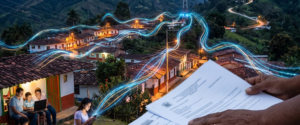 Pueblo montañoso con casas iluminadas, personas usando dispositivos y líneas azules digitales; en primer plano, manos sostienen documentos.