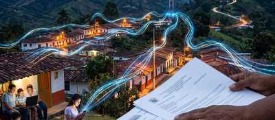 Pueblo montañoso con casas iluminadas, personas usando dispositivos y líneas azules digitales; en primer plano, manos sostienen documentos.