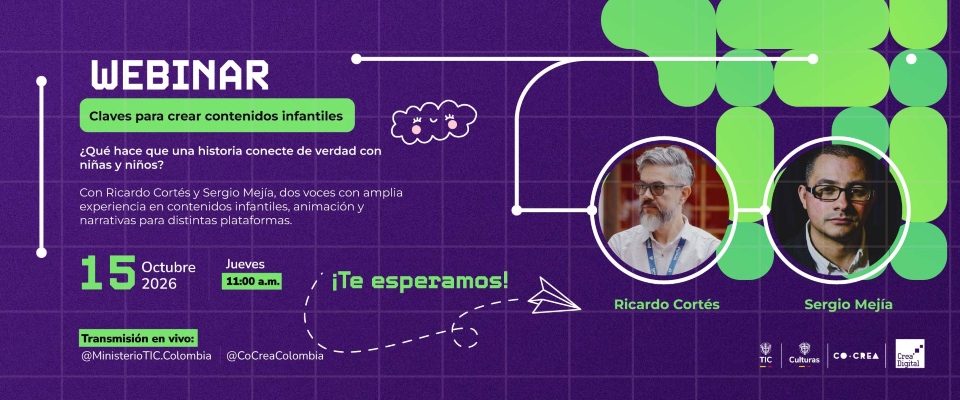 Afiche morado y verde de un webinar, con retratos de dos hombres, fecha, hora, texto informativo y logotipos institucionales.