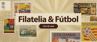 Fondo beige con estampillas de fútbol, balones, jugadores y trofeos. Texto central: «Filatelia & Fútbol».