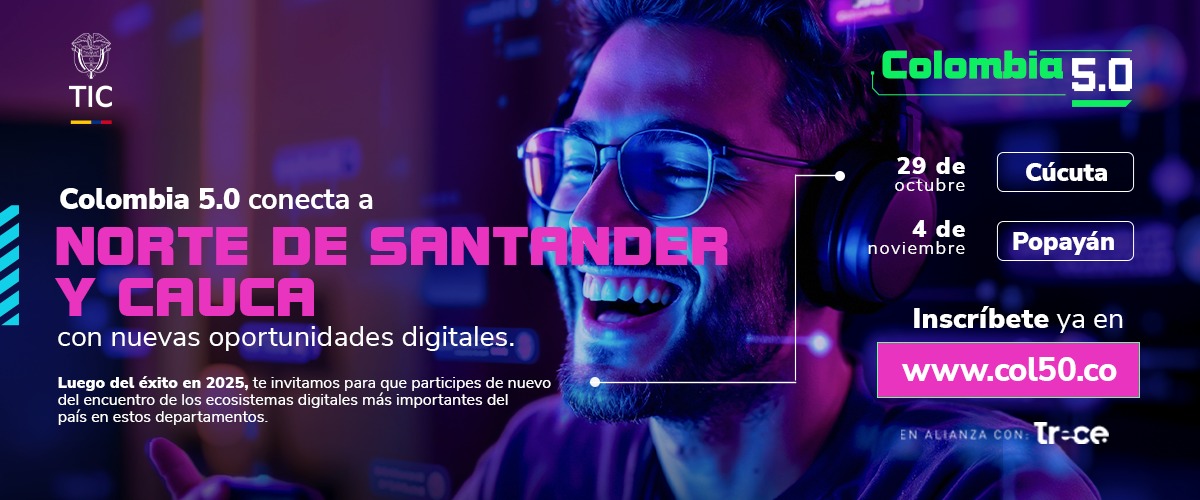 Hombre con gafas y audífonos sonríe frente a una pantalla. Anuncio de Colombia 5.0 en Cúcuta y Popayán.