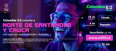 Hombre con gafas y audífonos sonríe frente a una pantalla. Anuncio de Colombia 5.0 en Cúcuta y Popayán.