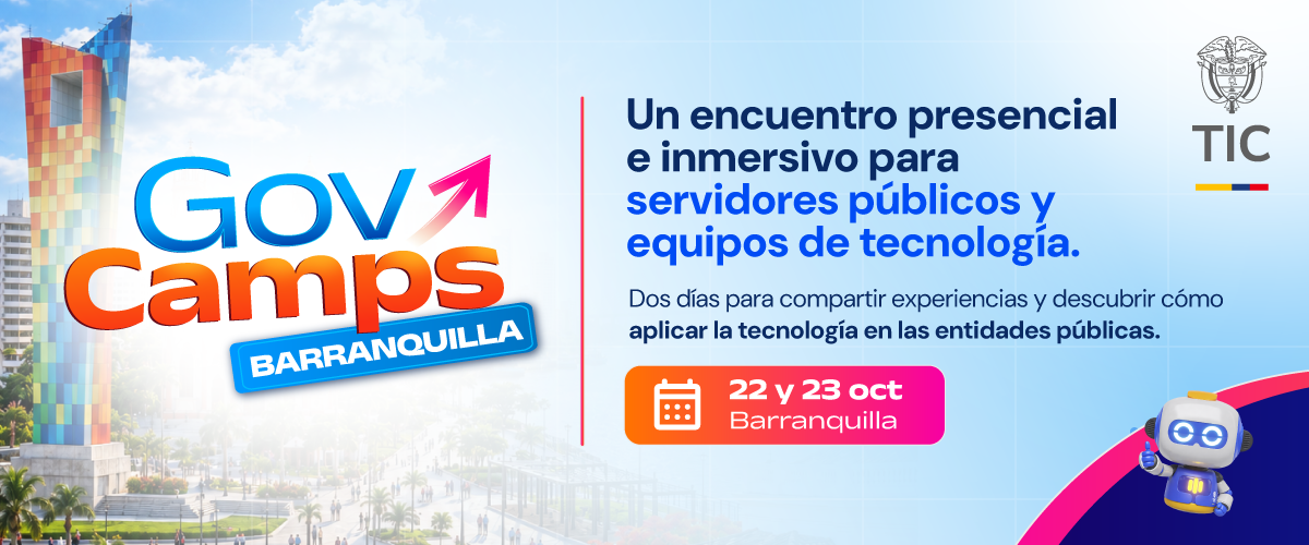 Logo GovCamps Barranquilla, torre multicolor a la izquierda, texto azul y naranja, datos del evento, escudo TIC y robot ilustrado.
