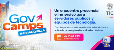 Logo GovCamps Barranquilla, torre multicolor a la izquierda, texto azul y naranja, datos del evento, escudo TIC y robot ilustrado.