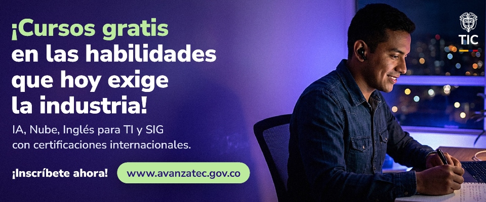 Hombre sonriente escribe frente a un portátil. A la izquierda, texto anuncia cursos gratis sobre fondo morado.