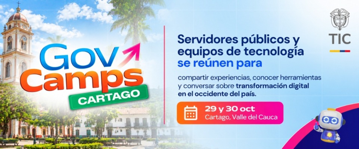 Afiche de GovCamps Cartago con plaza, iglesia, palmeras, texto azul y naranja, fechas del evento y un robot en la esquina inferior derecha.