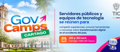 Afiche de GovCamps Cartago con plaza, iglesia, palmeras, texto azul y naranja, fechas del evento y un robot en la esquina inferior derecha.