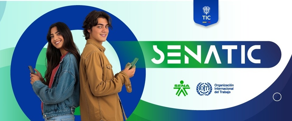 Dos jóvenes con celulares frente a fondo verde y azul con texto “SENATIC”. Destaca logro de Colombia con más de 199.000 certificaciones digitales. Dos jóvenes con celulares frente a fondo verde y azul con texto “SENATIC”. Destaca logro de Colombia con más de 199.000 certificaciones digitales.